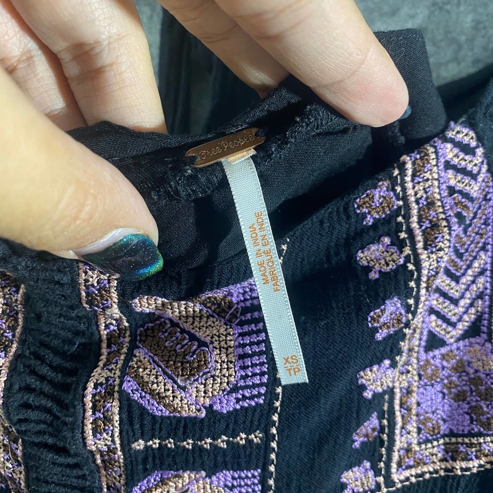 Free People Dress XS Black Purple Embroidered Long Sleeve Mini Rhiannon - Picture 9 of 11